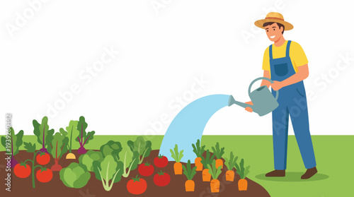This lively illustration depicts a gardener watering a flourishing vegetable garden, conveying themes of nurturing, growth, and sustainability in a colorful and engaging environment.