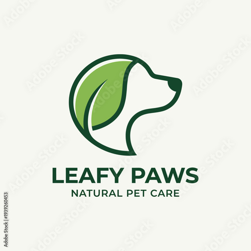 A sleek logo representing a dog silhouette with leaves, symbolizing natural pet care and eco-friendliness. It captures the essence of caring for animals sustainably.