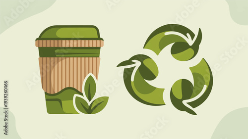 Eco friendly coffee cup with recycling symbol and green leaves on beige background representing sustainability and environmentally friendly practices in daily life