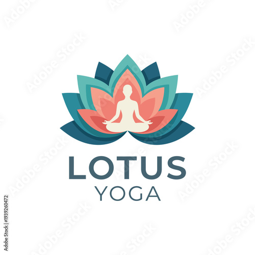 A vibrant lotus flower logo symbolizes peace and tranquility, featuring a meditating figure at the center reflecting mindfulness and harmony in yoga practice.