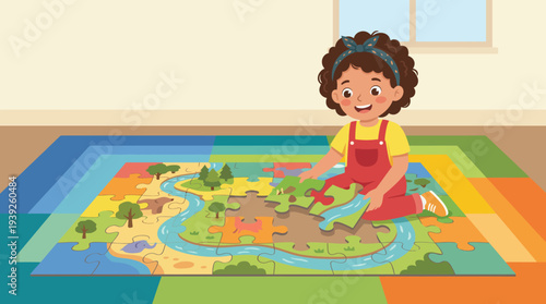 A cheerful child enthusiastically assembles a colorful puzzle on a playful mat, showcasing creativity, cognitive development, and joyful learning through playtime activities.