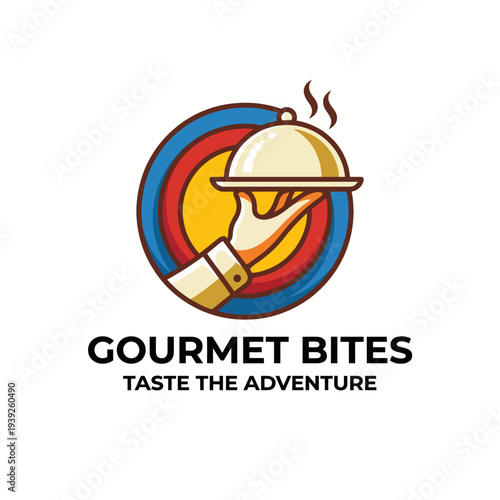A gourmet food logo features a stylized hand holding a dish, symbolizing adventure and taste, aimed at food enthusiasts seeking exquisite culinary experiences.