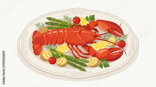 An appetizing display of a lobster meal, garnished with vegetables and herbs, exemplifying culinary artistry and gourmet dining, perfect for food-related content or cooking blogs.