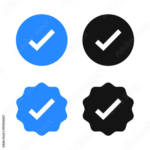 Blue and black verification checkmark icons in circle and badge shapes