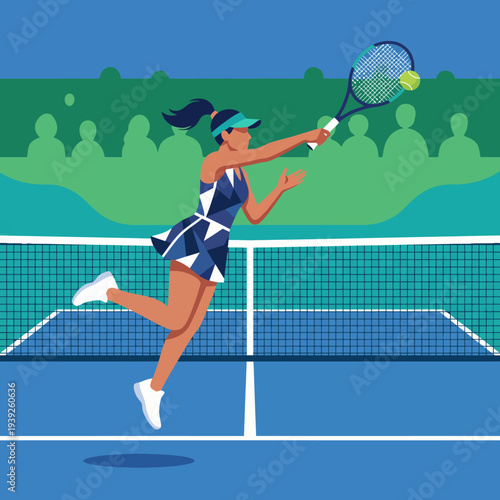 A vibrant illustration of a female tennis player in mid-air, preparing to hit a tennis ball, showcasing athleticism and the energetic spirit of competitive sports.