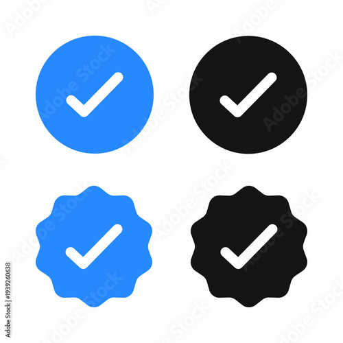 Blue and black verification badge and checkmark icon set