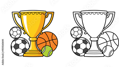 Golden Champion Trophy Cup with Soccer, Basketball, and Tennis Balls Vector Illustration, Colored and Outline Line Art Version
