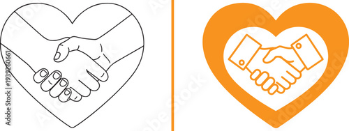 A collection of minimalist vector icons featuring handshakes integrated with heart shapes in various colors. These designs symbolize partnership, trust, and collaborative care through clean lines.