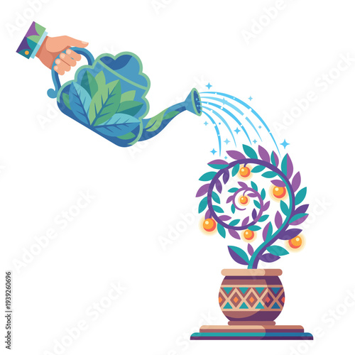 A delightful image showcasing a vibrant watering can pouring water into a beautifully spiraled plant, symbolizing growth, care, and the nurturing of life in a unique style.
