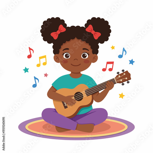 A charming illustration of a young girl with puffy hair happily playing a ukulele, surrounded by musical notes, embodying creativity and the joy of music in a fun, colorful style.