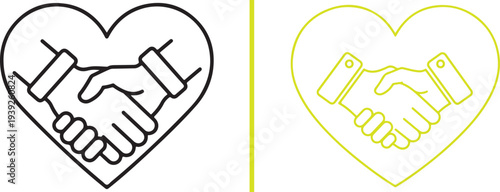 A versatile set of minimalist vector icons featuring handshake symbols integrated with heart shapes, showcasing various colors, line weights, and styles to represent trust and partnership.