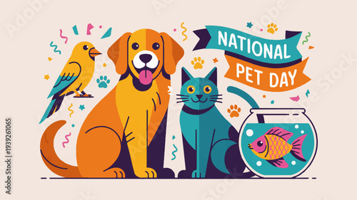 National pet day illustration featuring a dog cat bird and fish celebrating pets with colorful design elements
