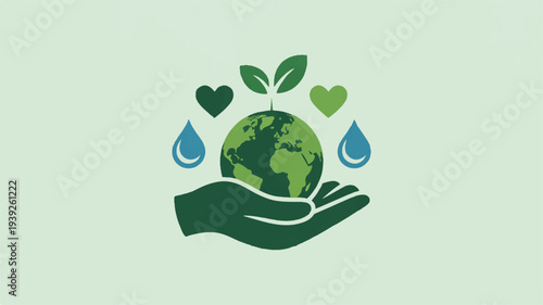Eco care logo with hand holding earth globe leaves hearts and water droplets on green background symbolizing environmental conservation and sustainability