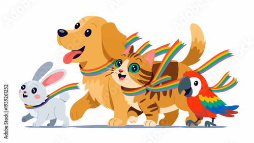 Friendly pets running together dog cat rabbit parrot colorful ribbons fun playful happy animals