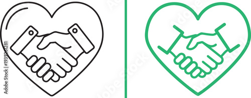 A collection of minimalist line art vector icons featuring handshakes enclosed within heart shapes, representing trust, professional cooperation, and mutual respect in various colors.