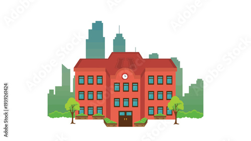 A stylized illustration of a red school building surrounded by trees in a cityscape