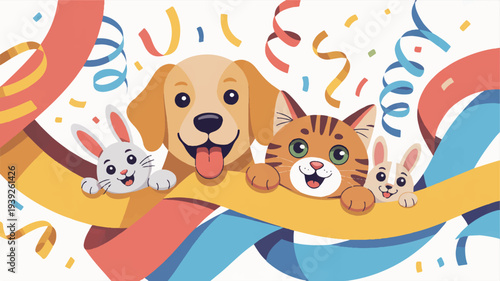 Happy dog cat and rabbits celebrating festive occasion with colorful ribbons and confetti