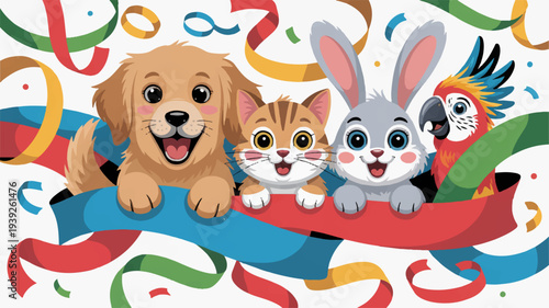 Cheerful pets and animals celebrate together with colorful ribbons and confetti on white background