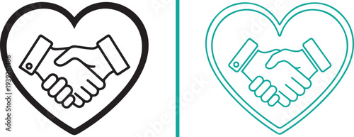 A collection of minimalist line art vector icons featuring handshakes enclosed within heart shapes, representing trust, professional cooperation, and mutual respect in various colors.