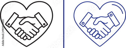 A collection of minimalist vector icons featuring handshakes integrated with heart shapes. The designs use various line weights and colors to symbolize trust, partnership, unity, and collaborative car