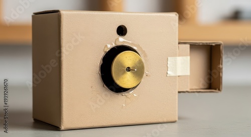 Homemade pinhole camera crafted from simple cardboard material sits on a surface