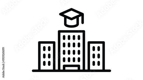 Graduation icon featuring a stylized university building with a mortarboard cap on top