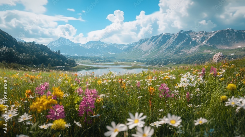 Obraz premium Colorful Wildflowers in a Scenic Mountain Landscape with Blue Sky and Clouds