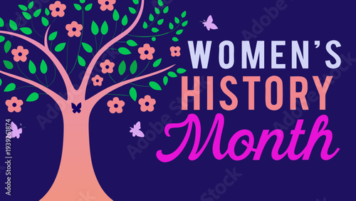 Vibrant tree with flowers and butterflies on purple background celebrating women's history month