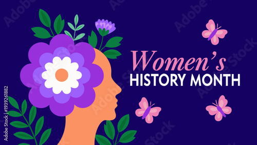 Vibrant women's history month illustration with purple flowers and butterflies on dark blue background
