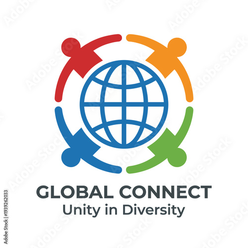 This logo illustrates global connection through diversity, showing figures around a globe, ideal for organizations promoting international unity and cooperation.