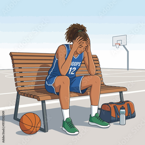 A young basketball player sits on a bench, head in hands, depicting frustration and emotional struggle after an intense game or training session on the court.