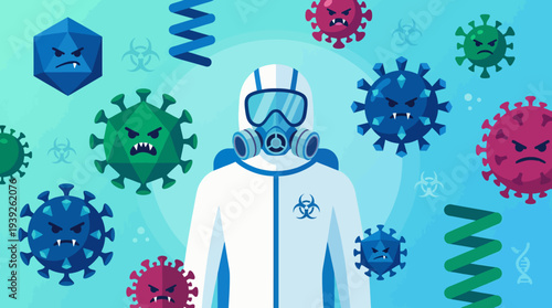 This illustration depicts a scientist in protective gear surrounded by various virus shapes, emphasizing the themes of health, prevention, and scientific research in a vibrant style.