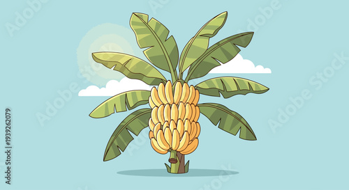A vibrant illustration of a banana tree laden with ripe yellow bananas against a clear blue sky with fluffy white clouds.
