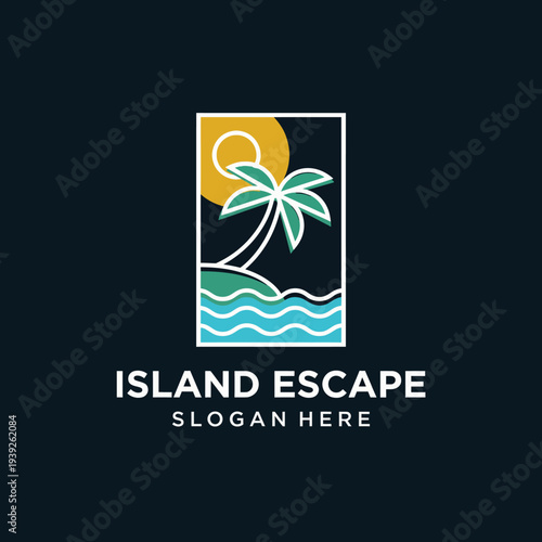 This trendy logo captures the essence of a tropical getaway, featuring a palm tree and sun, evoking feelings of relaxation, vacation, and paradise escape for potential travelers.