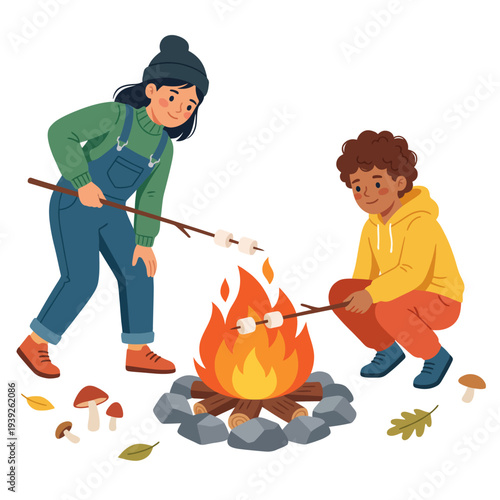 This charming illustration shows two children roasting marshmallows over a campfire, symbolizing friendship, adventure, and the joy of outdoor experiences in a cozy setting.