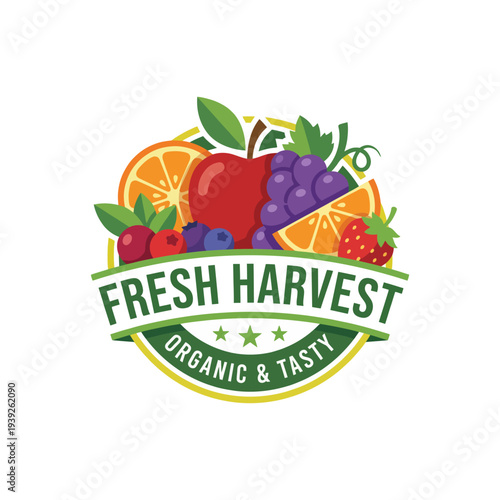This vibrant logo showcases various organic fruits and vegetables, conveying freshness, health, and sustainability, perfect for brands centered around organic farming and healthy eating.
