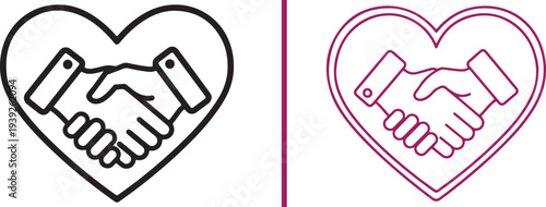 A collection of minimalist vector icons featuring handshakes integrated with heart shapes. The designs use clean lines and varied colors to symbolize trust, partnership, and collaborative care.