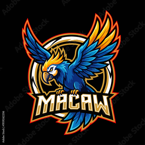 A colorful, stylized illustration of a macaw flying, showcasing its vibrant plumage and representing freedom, creativity, and natural beauty in the design.