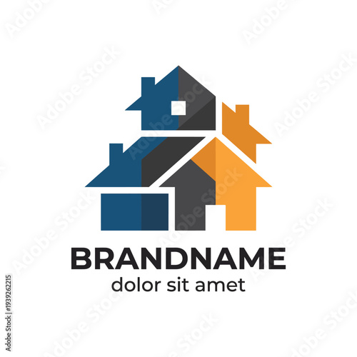 A modern logo design featuring abstract houses that represent real estate branding, invoking themes of home, security, and innovative property solutions.