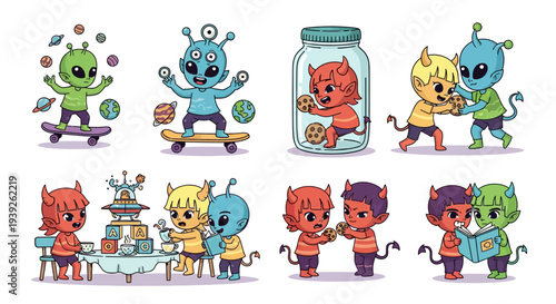 A collection of cute cartoon aliens and devils engaging in various playful and friendly activities, showcasing a whimsical and imaginative theme.