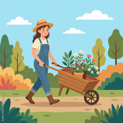 A lively illustration of a woman gardener happily pushing a cart filled with plants and flowers, embodying joy, nature, and the fulfillment of gardening.