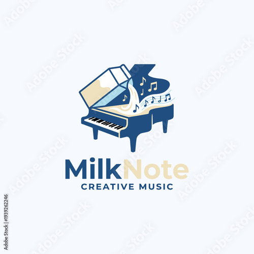 An artistic logo design combining a piano and milk imagery, embodying creativity in music, playfulness, and the unique blend of sound and nourishment.