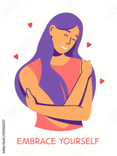 A captivating illustration showing a person embracing themselves with a joyful expression, symbolizing self-love and positivity. Perfect for promoting mental wellness and body positivity.