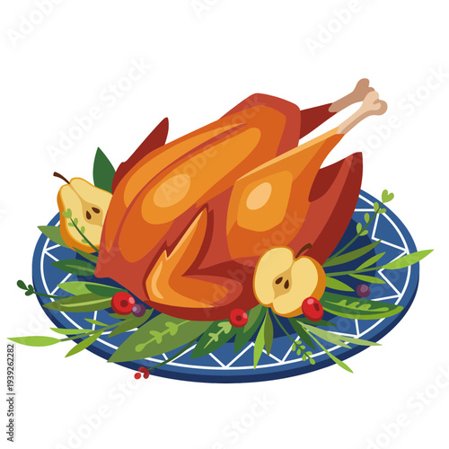 A beautifully arranged Thanksgiving turkey on a decorative plate, surrounded by fresh greens, ripe apples, and pears, showcasing festive culinary traditions.