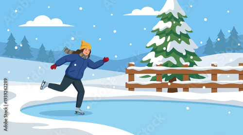 A cheerful skater enjoying the winter season as they glide effortlessly on an outdoor frozen pond, surrounded by snow and evergreen trees, evoking feelings of joy.