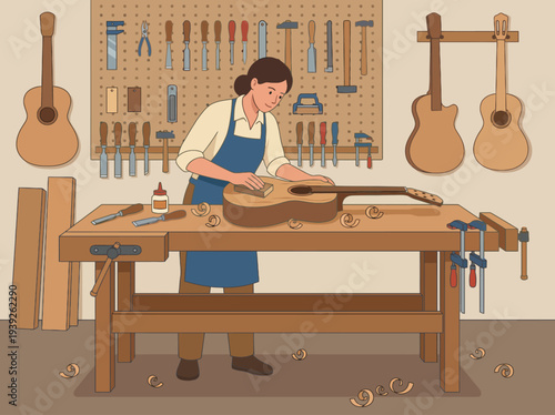 An artisan carefully crafting an acoustic guitar in a well-equipped woodworking shop, highlighting the intricate skill and craftsmanship involved in music production.