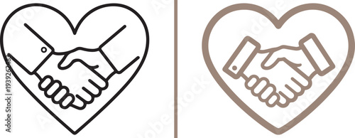 Minimalist vector line art featuring two handshake icons framed within heart shapes, representing trust, professional cooperation, and compassionate partnership in business or community work.