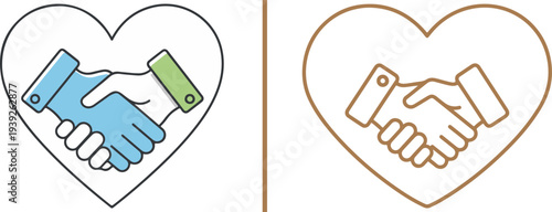 Two stylized icons of handshakes enclosed in heart outlines, symbolizing trust and partnership. One version is blue and green, the other is monochromatic gold.