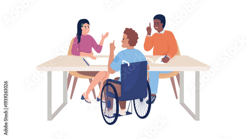Inclusive team meeting with a person in a wheelchair leading the discussion
