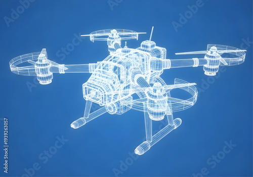 Futuristic UAV quadcopter blueprint design with technical wireframe